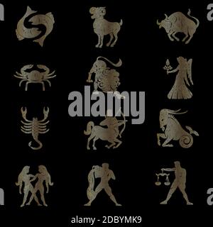 Golden Zodiac Symbols On Black Background Set Of Zodiac Signs Zodiac Stock Vector Image