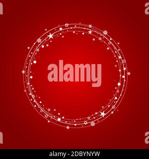 Christmas wreath. Holiday round frame with stars, snowflakes and glitter dots on white background. Starry circle label for text. Vector red background Stock Vector