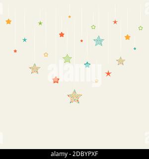 Holiday background with flat colorful stars and ribbons on beige background. New Year backdrop with border. Vector Christmas background for card, invi Stock Vector