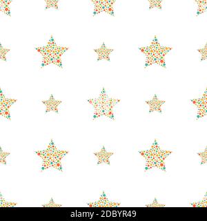 Seamless cute pattern with green and red stars made of dots and circles on white background. Vector illustration. Magic fireworks. glittering sky. Bri Stock Vector