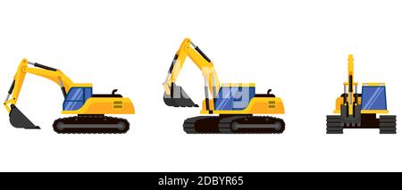 Excavator in different angles. Special machinery in cartoon style. Stock Vector