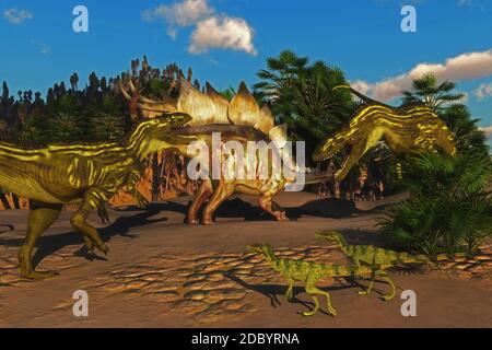 Small Juravenator reptiles watch as a Stegosaurus tries to defend itself from two Torvosaurus dinosaurs. Stock Photo