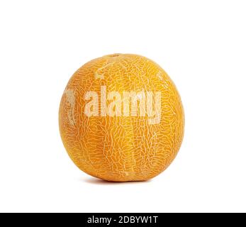 round yellow ripe melon isolated on white background, close up Stock Photo