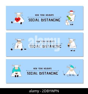 New Year holidays 2021. Coronavirus COVID-19 isolation. Social distancing infographic with cute kawaii characters. White ox, bull, cow. Horizontal Stock Vector
