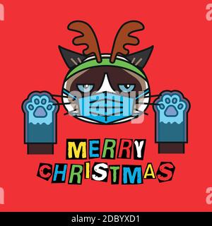 Grumpy cat in costume christmas deer, mask, gloves Stock Vector