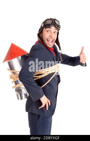 Businessman with homemade rocket and googles ready for a challenge Stock Photo