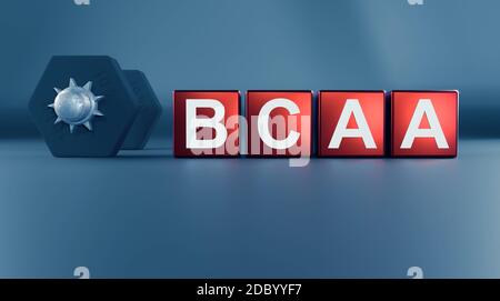 Blocks with the Letters BCAA and a dumbbell on a blue background with space for text or your product, 3d rendering Stock Photo