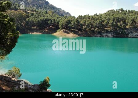 Elevated view across Guadalhorce lake towards the pine trees, Ardales, Malaga Province, Andalucia, Spain, Western Europe Stock Photo