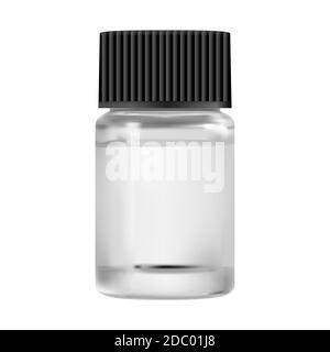 Glass medicine bottle. Small essential oil vial mockup. Clear medical container for serum with black lid. Liquid omega fat jar. Glossy flacon for phar Stock Vector