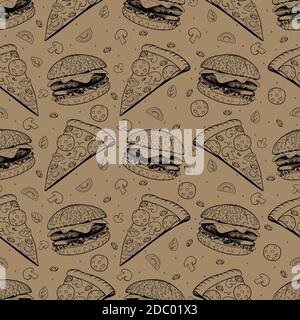 vector seamless pattern, craft paper color, sketch. Fast food seamless background Stock Vector