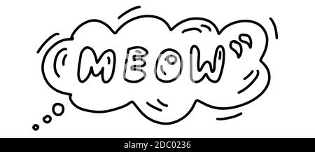 Meow text in bubble in Doodle style. Hand drawn lines cartoon icon. Vector illustration. Stock Vector