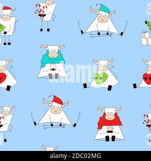 Seamless pattern with cute kawaii characters in cartoon style. Happy New Year. Christmas sweets, hot winter drinks. Endless texture, background, print Stock Vector