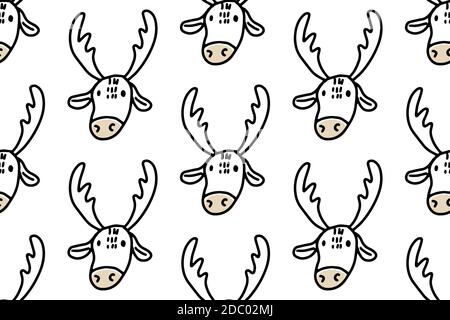 Hand drawn lines cartoon deer. Doodle seamless pattern for kids isolated on white background. For your fabric, textile design, wrapping paper or Stock Vector
