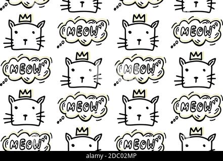 Seamless pattern with hand drawn lines cartoon cats with a crown and bubble with meow. Animals vector illustration with doodle kittens. For your Stock Vector