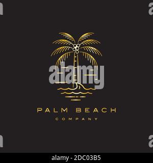 Golden palm tree on the beach with sunset illustration logo design template Stock Vector