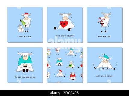 Vector set. Happy New Year 2021. Postcard with white ox, bull, cow. Greeting card, invitation. Seamless pattern, texture with funny cute kawaii Stock Vector