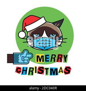 Grumpy cat in mask, gloves and christmas hat Stock Vector