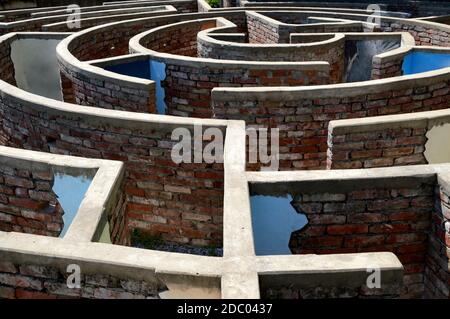 Old dilapidated brick labyrinth. Retro style, vintage. view from above Stock Photo