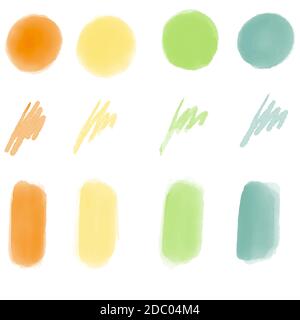 Orange, yellow, green, turquoise, blue grunge brushstrokes, watercolor paint, watercolor circles, paint strokes, shapes set on white background vector Stock Vector