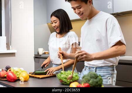 Asian Couple Cooks In Modern Kitchen, Laughing During Dinner Preparartion Stock Photo