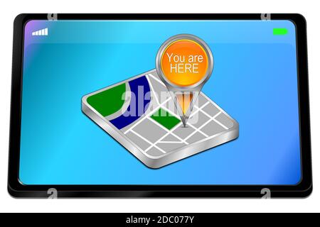 Tablet computer with blue You are Here Map Pointer - 3D illustration ...