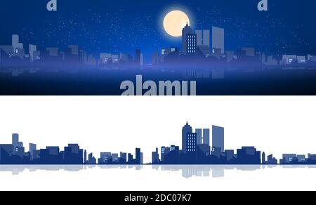 View of the modern night city. Brightening light of the moon and stars ...
