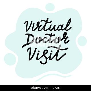 Virtual doctor visit. Medical online, lettering calligraphy illustration. Vector eps handwritten brush trendy black isolated on blue background. Stock Vector