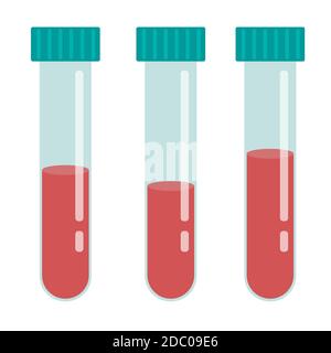 Tubes with blood sample. Medical clipart. Concept of rapid test. Lab research and diagnosis. Vector illustration in flat style. Stock Vector