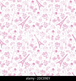 Vector Eifel Tower Paris Love Pink Purple Drawing Seamless Pattern with romantic hearts. Perfect for travel themed designs products, bags, accessories Stock Vector