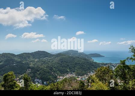 View of thai islands and sea from Big Buddha Phuket viewpoint, Thailand Stock Photo