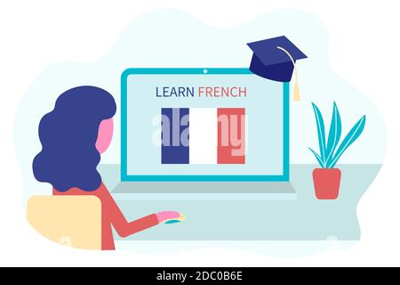 Online French Learning, distance education concept. Language training and courses. Woman student studies foreign languages on a website in a laptop Stock Vector