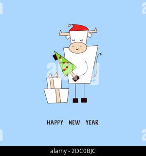 Happy New Year 2021. Greeting card, postcard, invitation, seasonal poster, flyer, banner, Christmas themed design template with white ox, bull, cow Stock Vector