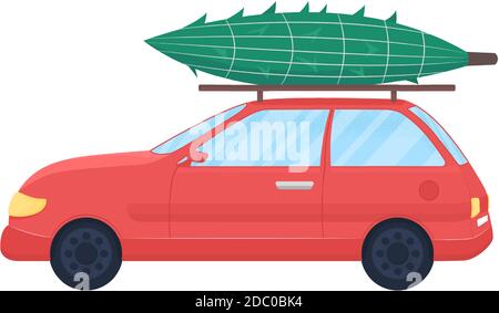 Christmas tree on car flat color vector object Stock Vector