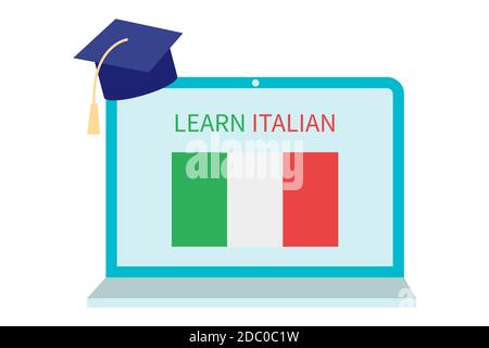 Online Italian Learning, distance education concept. Language training and courses. Studying foreign languages on a website in a laptop. Vector in Stock Vector