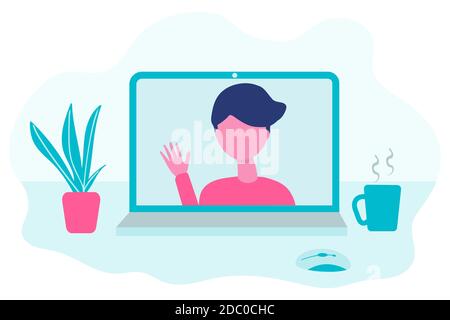 Video conference. Virtual meeting concept. Man on computer screen talking. Online communication vector concept in flat design. Stock Vector