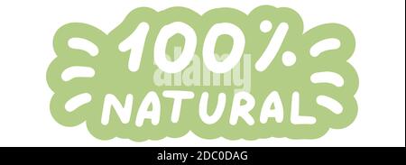 100 percent natural. Concept of eco organic products, food, cosmetics, soap. Lettering calligraphy icon. Vector eps hand drawn brush trendy green Stock Vector