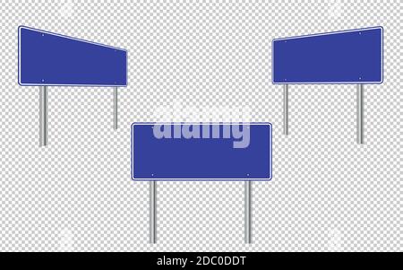 Blank road sign in blue on a transparent background, straight ahead and in perspective. EPS 10 Stock Vector