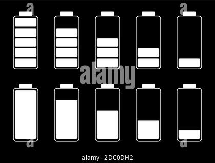 Set of battery charge level indicators white on a black background. EPS 10 Stock Vector