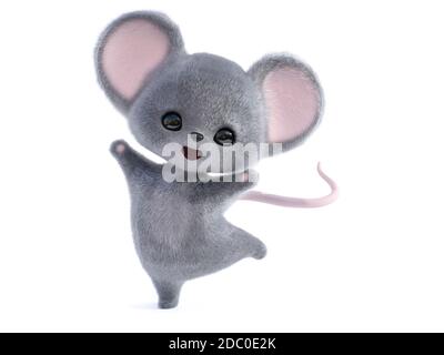 3D rendering of an adorable kawaii furry smiling mouse looking very happy and jumping for joy. White background. Stock Photo