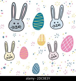 Easter colorful eggs, rabbits, bunny on white background. Template for typography poster, banner, postcard, flyer, vector eps. Stock Vector