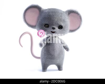 3D rendering of an adorable kawaii furry smiling mouse holding a pink lollipop. White background. Stock Photo