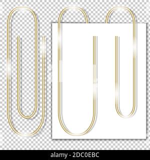 Gold paper clips on a transparent background and on a sheet. Vector object. EPS 10 Stock Vector