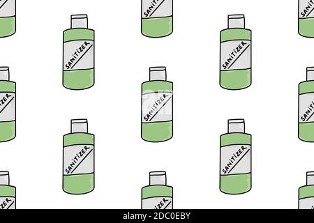 Sanitize hands concept banner. Green bottle of antiseptic in cartoon style. Seamless vector texture pattern isolated on white background. Stock Vector