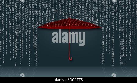 Data transfer as hanging rows of the binary code in matrix style over a protecting red umbrella - dark background with reflections on the floor Stock Photo