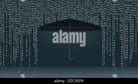 Data transfer as hanging rows of the binary code in matrix style over a protecting blue umbrella - dark background with reflections on the floor Stock Photo