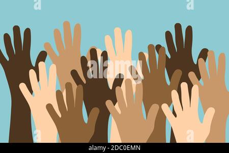 Multiracial Colorful Peoples Hands Raised in Support or Cheering. EPS 10 Stock Vector
