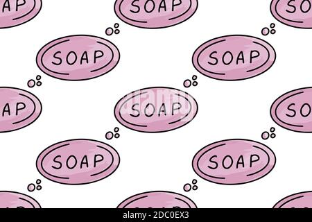 Pink soap with bubbles in cartoon style. Concept of hygiene and self-care. Seamless vector texture pattern isolated on white background. Stock Vector