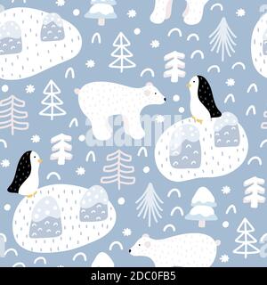 Cute winter seamless pattern with polar bear, Christmas tree, penguin doodles with abstract elements around in Scandinavian style vector illustration. Stock Vector