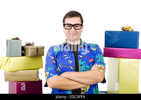 happy silly salesman with some boxes, isolated on white Stock Photo