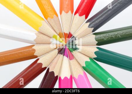 A rainbow spectrum wheel of multi colored pencils Stock Photo